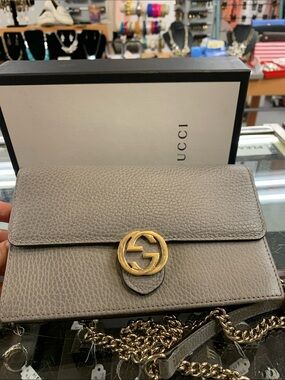 Gucci Gray Pebbled Leather Crossbody with Gold GG Chain